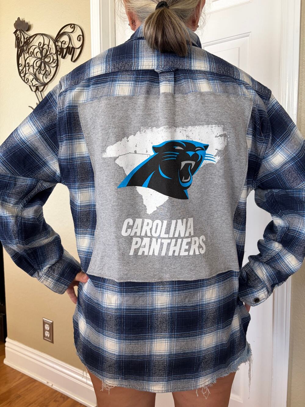 Panthers NFL Upcycled Flannel Shirt Unisex Size Large L